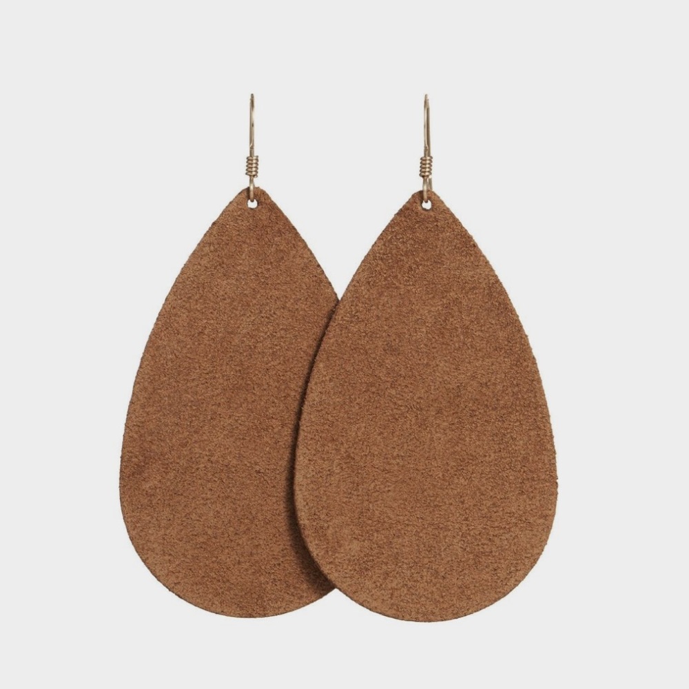 Nickel and Suede Large Teardrop Leather Earrings Tawny Suede